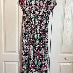 BCBG Wrap-Front Midi Dress in Black with Pink & Green Accents